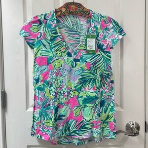 Lilly Pulitzer Pink and Green Tropical V-Neck Etta Top Tshirt